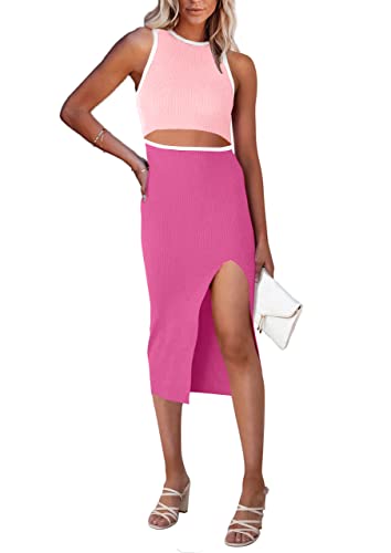 Image of PRETTYGARDEN Women's Summer Midi Bodycon Dresses Casual Crew Neck Side Slit Sleeveless Knit Cut Out Tank Top Dress