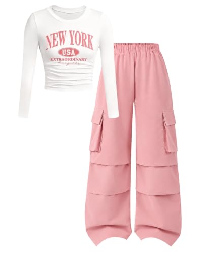 Image of Azmxynol Girls Clothes 2 Piece Outfit Ribbed T-Shirt Top + Cargo Pants, Girls Fall Clothing Set, Sizes 5-16 Years