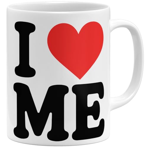 OM3® witzige Kaffee-Tasse mit Spruch - I love me - Selbstverliebt Narzissmus - Ich liebe mich II - Keramik Becher - 325ml - Beidseitig Bedruckt - Weiss