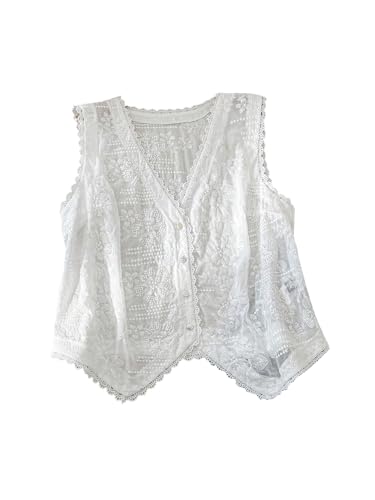 SHENHE Women's Plus Size Lace Vest Button Up Cute Boho Floral Embroidered V Neck Western Vest