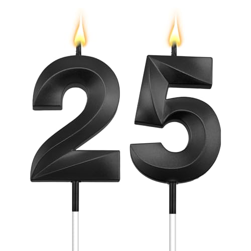25th Birthday Candles 25 Candles for 25th Birthday Decorations for WomenHappy 25 Birthday Cake Topper Black Candles for Party GraduationAnniversary