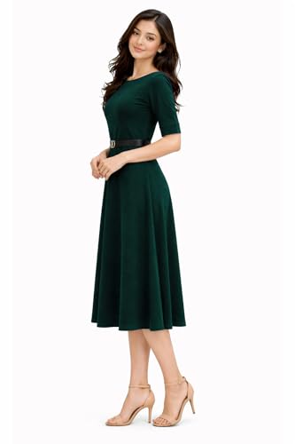 Image of Women's Elegant Midi Dress with Belt | Half Sleeve Fit & Flare Casual Dress | Knee Length Office Party Western Dress for Women