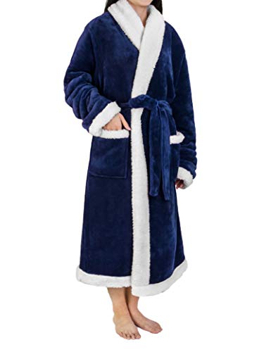 Image of PAVILIA Women's Plush Fleece Robe, Soft Cozy Long Bathrobe with Satin Waffle Trim, Warm Lightweight, Pockets & Tie Belt