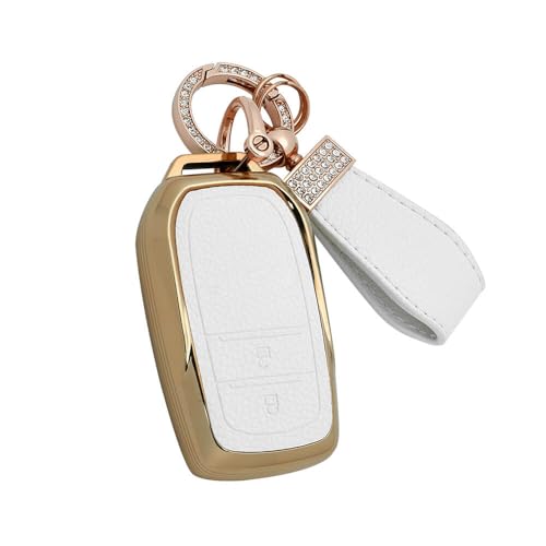 Image of keyzone Litchi Leather Textured TPU Key Cover & Keychain for Innova Crysta, Innova HyCross, Hilux, 2 Button Smart Key (White)