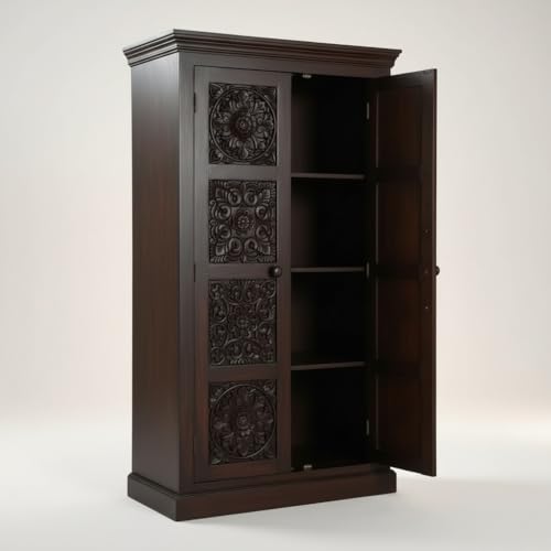 Image of APRODZ Floreale Mango Wood Wardrobe for Bedroom 2-Door Modular Wooden Almirah for Storage /Space Saving Storage Organizer Rack Clothes Cupboard for Bedroom (Brown Finish)