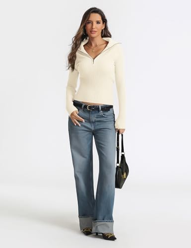 Prettywear 2025 Women's Half Zip Pullover Sweaters V Neck Collared Long Sleeve Ribbed Knit Fall Tops Dressy Casual3