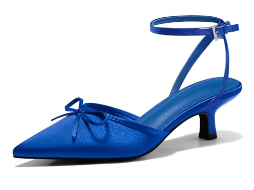 Image of Coutgo Satin Kitten Low Heels with Bow Closed Pointed Toe Short Pumps Dress Wedding Party Shoes