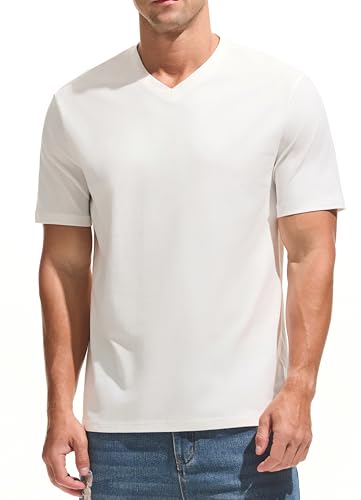 Men's V-Neck T-Shirt - Premium 95% Cotton 5% Spandex Soft Slim Fit Tee, Breathable Moisture Wicking for Casual Workout