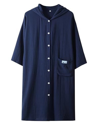Maeau メンズ レディース バスローブ 前開き 綿100% ルームウェア ロング丈 ワンピース パジャマ 5分袖 ネグリジェ 通気 快適 可愛い ダブルガーゼ生地 吸水 速乾 軽量 保湿 保温 風呂 結婚祝 旅館 春夏秋冬 ネイビーブルー L