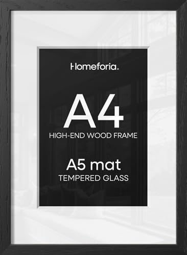 Image of Homeforia A4 Black Oak Picture Frame, High-End Wood, A5 Mat, Glass | High End Solid Oak Wood, Tempered Glass, Acid-Free A5 Removable Mat, A4 Edge-to-Edge Display, Wall Kit, Set Of 1