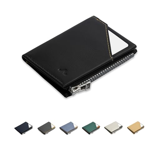 ROIK Portafoglio RFID Portafoglio uomo con portamonete dotato di cerniera, compatto e piccolo, design sottile in pelle di alta qualità – fino a 9 carte, minimal e sicuro – Zip Coin Black
