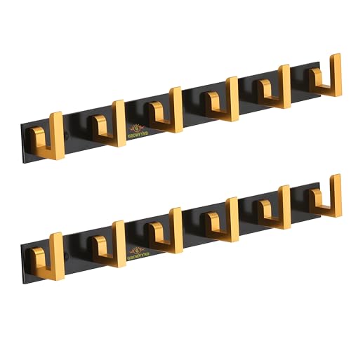 Image of Heavy Duty L Type Stainless Steel Cloth Hanger Suitable for Bathroom Bedroom Kitchen Wall Hook Rail Hanging Scarf Coat Keys Tie, Towel, Robe Hanger (Pack of 2, 6 Pin Black Gold)