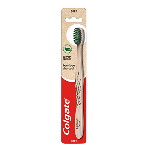 Colgate Cepillo de dientes manual de cerdas suaves de carbón de bambú, 1 pieza, cepillo de dientes manual con cerdas de punta delgada de carbón activado, mango de bambú biodegradable 100% natural