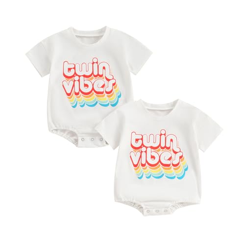 Image of GOOCHEER Baby Twins Outfits Newborn Boy Girl Short Sleeve Crewneck Shirt Romper Bodysuit Summer Clothes Set (Ivory, 0-3 Months)