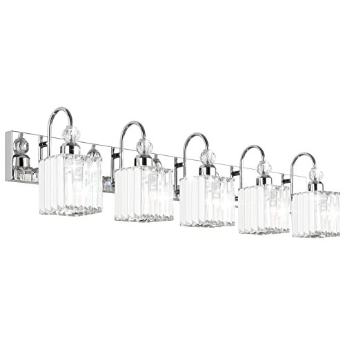Image of Ralbay Chrome Crystal Vanity Lights 5-Lights 40'' Modern Crystal Bathroom Light Fixtures Modern Crystal Vanity Lighting Over Long Mirror Bathroom Wall Lighting Fixtures