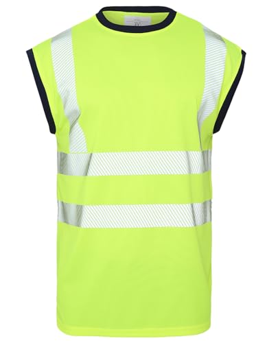 FASHIONISM Ärmelloses Herren-Oberteil, hohe Sichtbarkeit, Rundhalsausschnitt, hohe Sichtbarkeit, Sicherheits-T-Shirt, hitzeversiegeltes reflektierendes Band, gelb, M