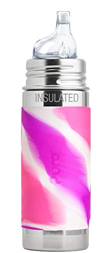 Pura Kiki 9oz/260ml Stainless Steel Insulated Sippy Bottle w/ Sleeve, Plastic-Free, MadeSafe Certified, Medical-Grade Silicone Sipper Spout Fast Flow Rate - Kids, Toddlers, Baby & Infant - Pink Swirl
