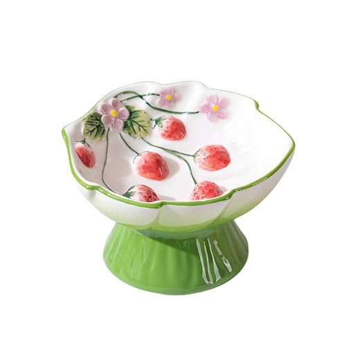 PawsPik Strawberry Blooms Elevated Ceramic Cat Bowl – Raised Cat Food Bowl with…