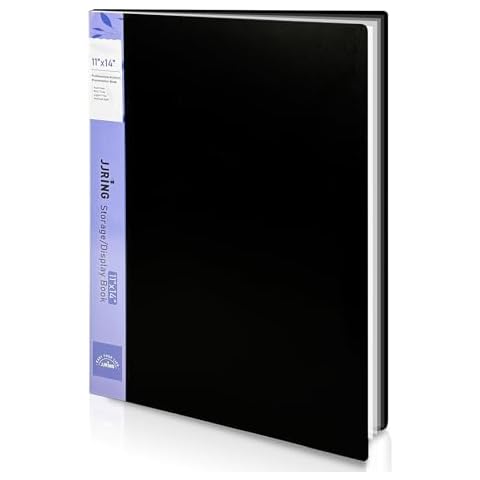 JJRING 11x14 Art Portfolio Folder with Plastic Sleeves, 24-Pocket Portfolio Binder Displaying 48 Pages, Presentation Book with Black Inner Paper for Artwork Storage, Black Cover