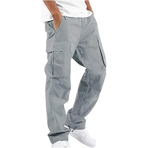 Mens Work Trousers Stylish Solid Color Casual Multiple Pockets Outdoor Straight Type Fitness Cargo Trousers Pants Gray Cover