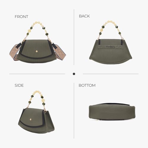 Army Green Canvas Crossbody Bag - Pearl & Jade Beaded Handles with Blue Orange Wave Strap, Women's Handbag Golden Rivets Vintage Trendy Shoulder Purse ﻿3