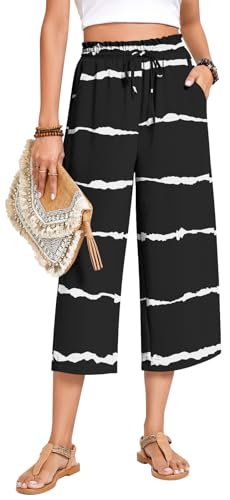 Image of Anyhold Women's Capri Pants Drawstring Casual Palazzo Trousers with Pockets Loose High Waisted Wide Leg Lounge Pants