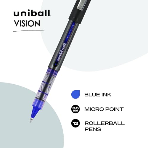 Image of Uniball Vision Rollerball Pen - 12 Pack, Blue Pens, 0.5mm Micro Tip Size - Smooth Writing Japanese Pens, School Supplies