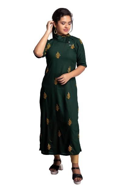 E LABEL KC-11-GYE Women's Rayon Green and Yellow Embroidered Ruff Collar Straight Kurta || Green-Yellow