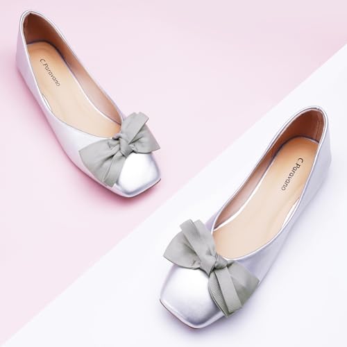 Image of C.Paravano Flats for Women | Ballet Flats | Square Toe | Dressy Casual Shoe | Ballerina Flats, Bow Slip-On, Lambskin Leather Insole, Memory Foam, Low Heel, Office Work,Fashion & Classic & Chic