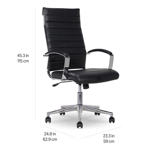 Image of Amazon Basics High-Back Swivel Office Chair with Lumbar Support, Ergonomic Ribbed Faux Leather, Adjustable Height, 45.25 inch x 24.75 inch x 23.25 inch, Black