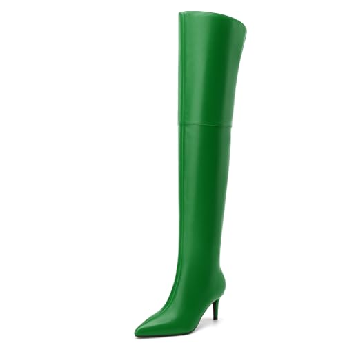 SKYSTERRY Green Thigh High Boots Over the Knee Boots for Women Pointed Toe Stiletto High Heel Boots Comfortable Wide Calf Side Zipper Pull On Wedding Party Long Fall Boots 2.4 Inch Size 11