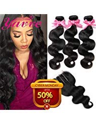 Brazilian Virgin Hair 3 Bundles with Closure Brazilian Body Wave 8A 100% Unprocessed Human Hair bundles With Lace Closure Natural Black Color by YAVVE (10" 10" 10"+10"closure, Free Part)