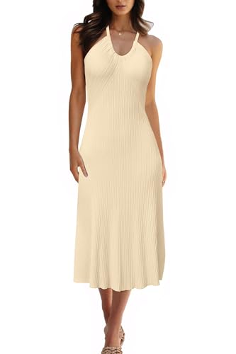 Image of Arach&Cloz Women's Knit Adjustable Halter V Neck Summer Vacation Dress 2025
