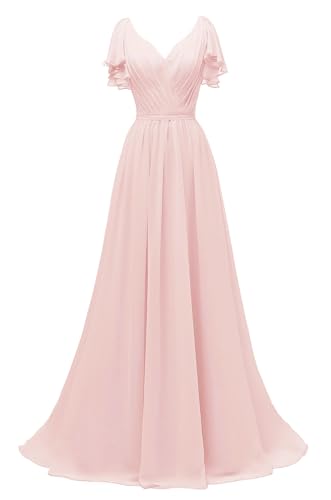 Image of Yexinbridal Ruffle Sleeves Bridesmaid Dresses V-Neck Chiffon Long Formal Wedding Evening Party Gowns for Women