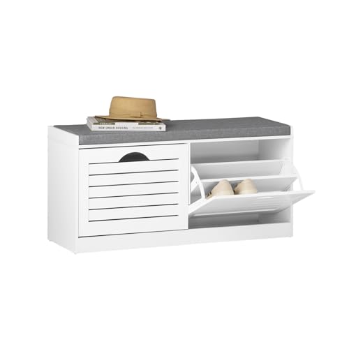 SoBuy Meuble Chaussures - Banc de Rangement Chaussure avec Coussin + 2 Abattants Grande Capacité (Jusqu'à 8 Paires) - Banc Chaussures Entrée pour Couloir ou Famille - Blanc+Gris 97x30x47cm FSR62-II-W