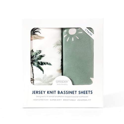 Image of GRSSDER Stretchy Ultra Soft Fitted Bassinet Sheet Set 2 Pack, Breathable and Universal Fit for Bassinets Baby Cradle Moses Basket Oval Rectangle Mattress Safe and Snug