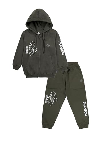 Image of Boys Solid Fleece Full Sleeve Zip Front Open Hooded Sweatshirt With Track Pant Set