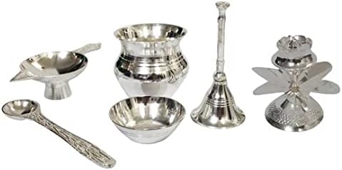 Purpledip Metal Puja Thali Set: Home Temple Decorative Platter With 7 Items In Velvet Gift Box, Silver (12595A)