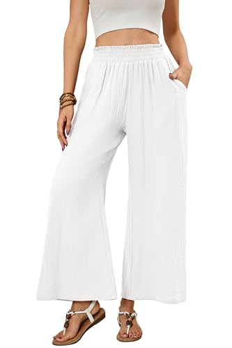 R.Vivimos Cotton Casual Wide Leg Pants for Women Stretchy High Waisted Comfy Flowy Cropped Palazzo Pants with Pockets3