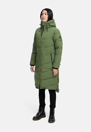 MARIKOO Damen langer Wintermantel warmer Steppmantel mit verstellbarer Kapuze Benikoo Pine Olive Gr. M