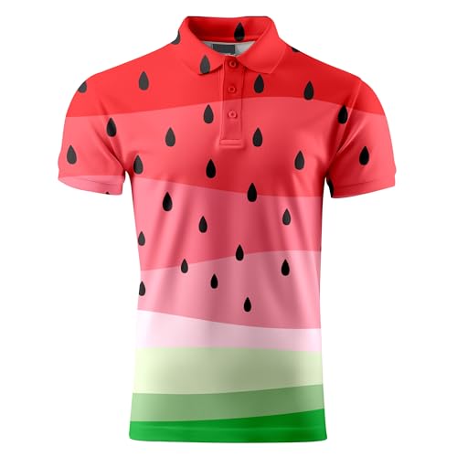 Watermelon Stripes Funny Golf Shirts For Men,Mens Hawaiian Shirts Short Sleeve Novelty Crazy Golf Shirts