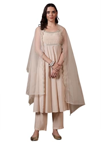 Image of FIORRA Women Off-White Viscose Chanderi Embroidered A-Line Kurta Set with Dupatta