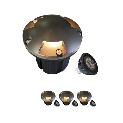 MALORY Brass Top Cover Landscape Well Lights,（5‘’H 12V Low Voltage Outdoor In Ground Lights,Landscape Lighting for Pathway, Driveway and Garden (Three-Direction Turret, 4-Pack with Bulb) 4-p