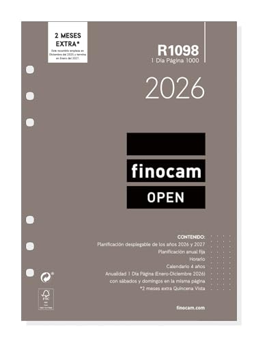 Finocam - Recambio Agenda Open 2026 1 Día Página Enero - Diciembre 12 Meses Recambio Anual Agenda R1098 Con 6 Taladros - Español Finocam - Recambio Agenda Open 2026 1 Día Página Enero - Diciembre 12 Meses Recambio Anual Agenda R1098 Con 6 Taladros - Español