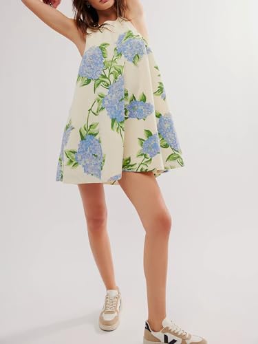 Image of Floral Sleeveless Backless Mini Dress for Women Summer Loose Swing Flowy Sundress with Pockets