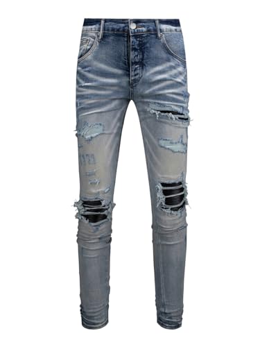 Jeans Pants Trousers Denim Black Patchwork Street Style Men's Nostalgic Laundry Piercing Slimming Stretch Wear