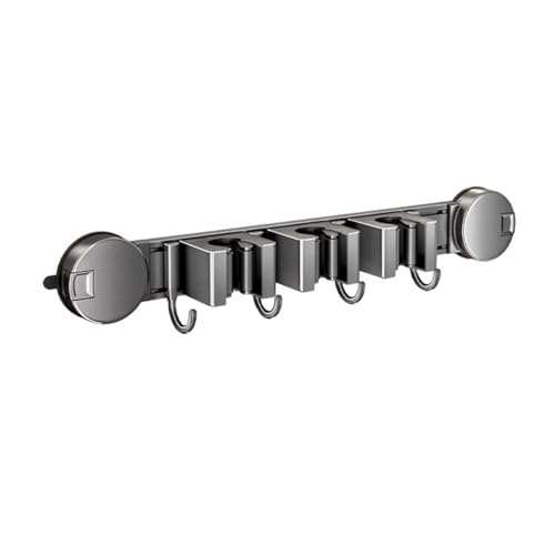 MeevrgR Soporte de pared para fregona con 3 estantes y 4 ganchos, colgador de escoba con ventosa para cocina o jardín, organizador de almacenamiento de aluminio y ABS para escobas, fregonas, paraguas