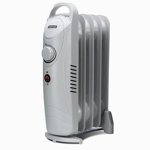 STATUS 5 Fin Oil Filled Radiator 500W Portable Electric Heater with Adjustable Thermostat Overheat & Tip-Over Safety Carry Handle for Home Bedroom Office Caravan White (OFH5-500W1PKB)