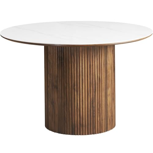HOMIFAB Table à Manger Ronde Plateau en céramique Effet marbre et Noyer 6 Personnes Ø120 cm - Mira