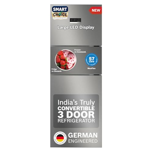 Bosch 303L, 3 Star, MaxFlex Convert Frost Free Triple Door Refrigerator | 8-in-1 Convertible Storage Modes | 57L Extra Convertible Zone | Cool Extend up to 18 hours (CMC33S03NI, Shiny Silver)